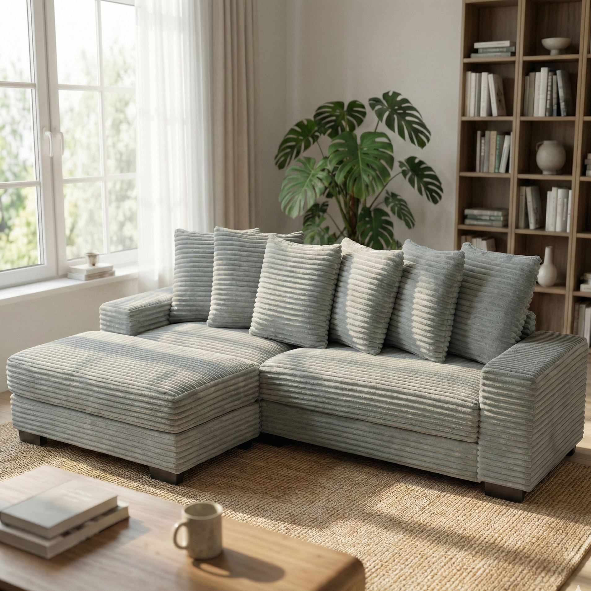 Canapé d'angle convertible en velours côtelé gris