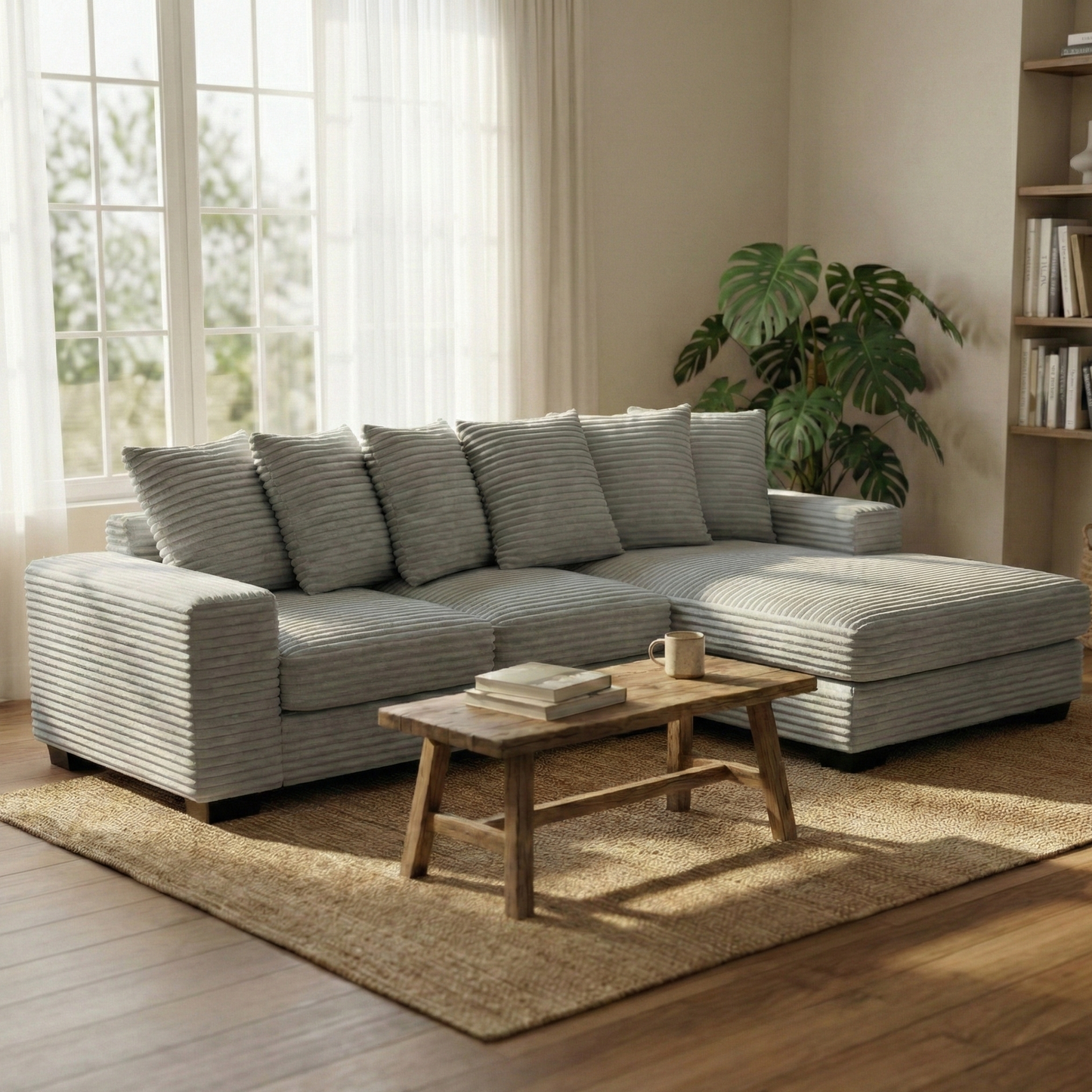 Canapé d'angle convertible en velours côtelé gris