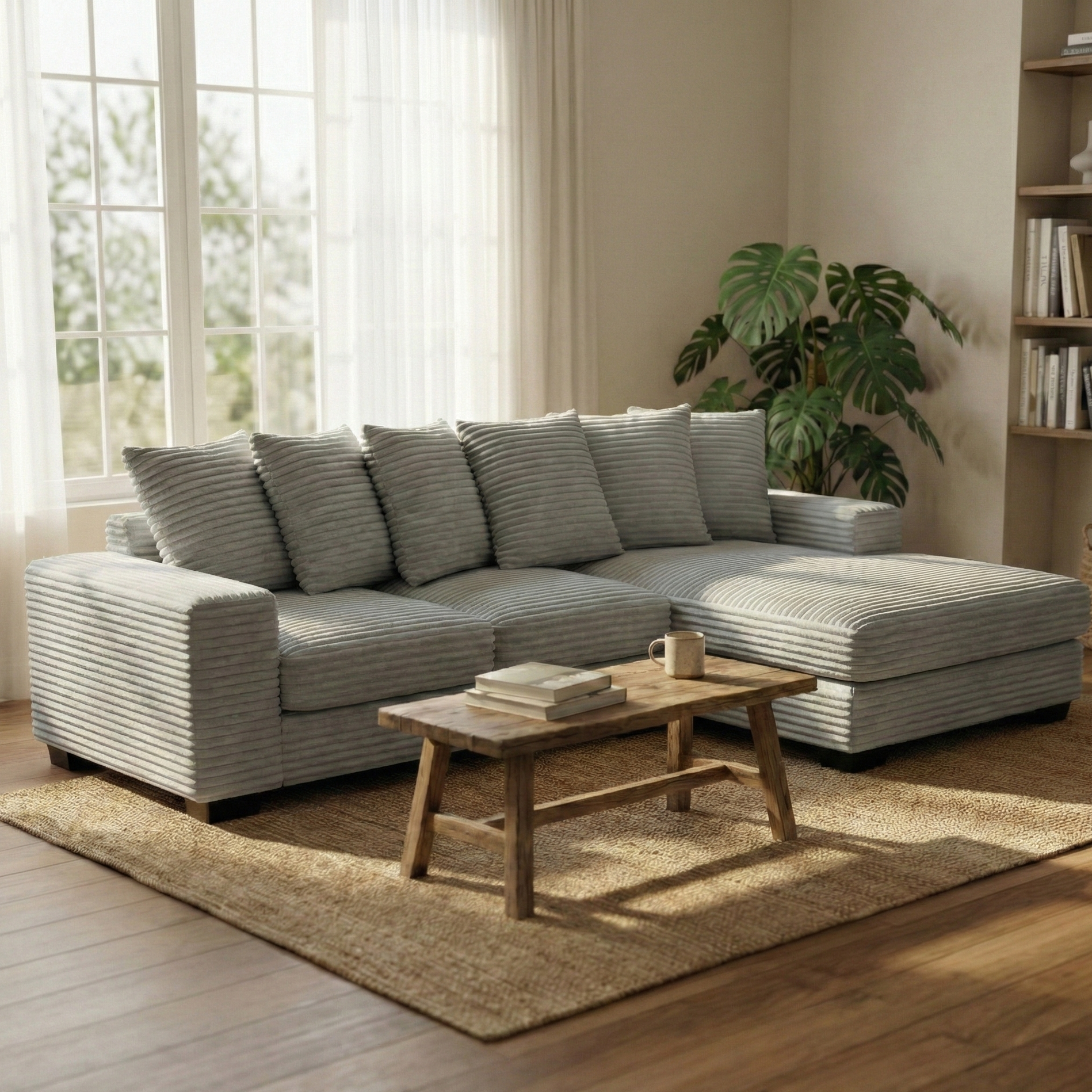 Canapé d'angle convertible en velours côtelé gris